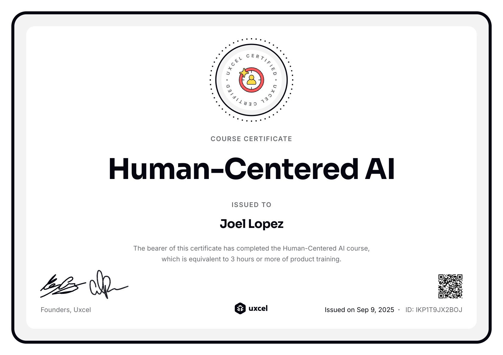 Joel Lopez's certificate